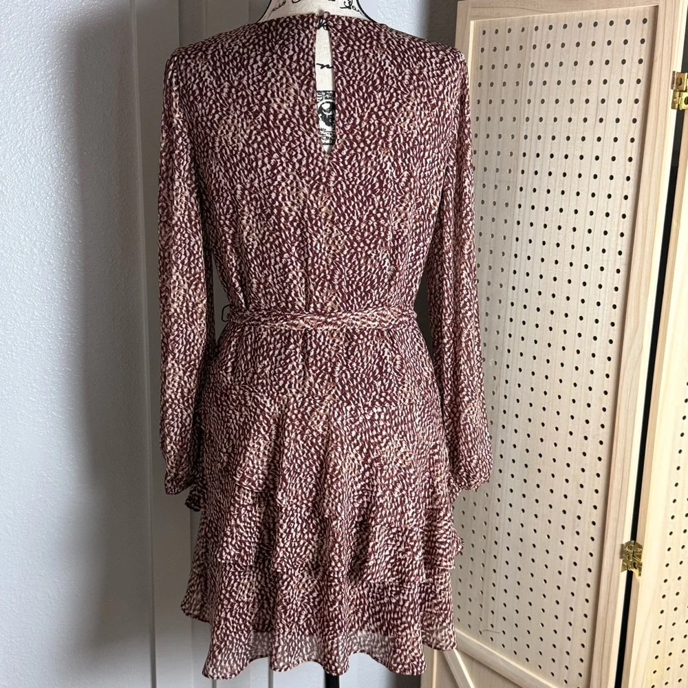 Express Burgundy Wine Boho Ruffle Tie Waist Mini Dress M Fall Holiday Chic - Picture 4 of 9